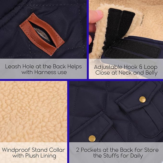 ASENKU Warm Dog Winter Coat, Waterproof Dog Coat for Cold Weather, Fleece Dogs Jacket with Ultra Thick Plush Lining Leash Hole Storage Pockets for Medium Dogs (Navy Blue, Medium)