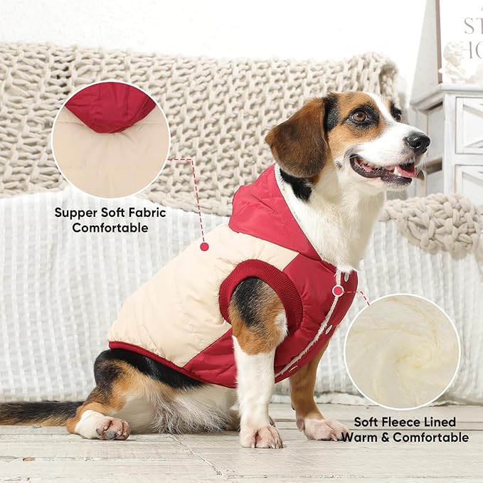Fleece Lining Extra Warm Dog Hoodie in Winter for Large Dogs Jacket Pet Coats with Hooded,Beige and Red XL