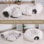 Cat Tunnel Bed for Indoor Cats, Peekaboo Cat Cave with Washable Soft Play Mat, Furry Cat Tube, for Kitten/Puppy/Rabbit, Brown