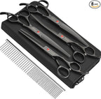 Dog Grooming Scissors Kit, Fcysy Professional Pet Hair Cutting Shears Set with Curved & Straight Blades Scissors Thinning Shears– Stainless Steel Grooming Tools for Dogs & Cats at Home