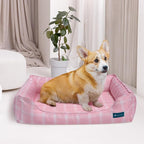 Orthopedic Bolster Dog Bed – CertiPUR-US Foam, Recycled Polyester Canvas, Washable Cover, Anti-Slip Bottom, Small, Pink Check – Stylish Designer Dog Sofa