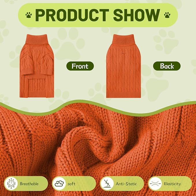 Small Dog Thermal Pullover Sweater, Classic Turtleneck Cable Knitwear Dog Clothes for Cold Weather Warm Pet Clothes for Chihuahua, Bulldog, Dachshund, Pug Orange XX-Large