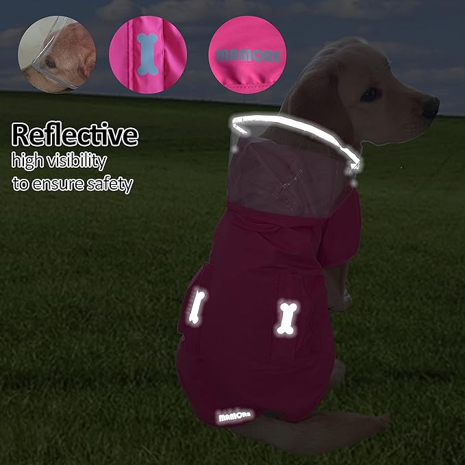 Waterproof Dog Raincoat, Adjustable Reflective Lightweight Pet Rain Clothes with Poncho Hood (Small, Dark Pink)