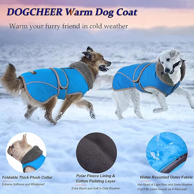 Dogcheer Dog Coat, Waterproof Dog Jacket Reflective Pet Winter Coat with Adjustable Hook & Loop, Christmas Puppy Fleece Jacket Warm Turtleneck Snowsuit for Small Medium Large Dogs - Sky Blue, L