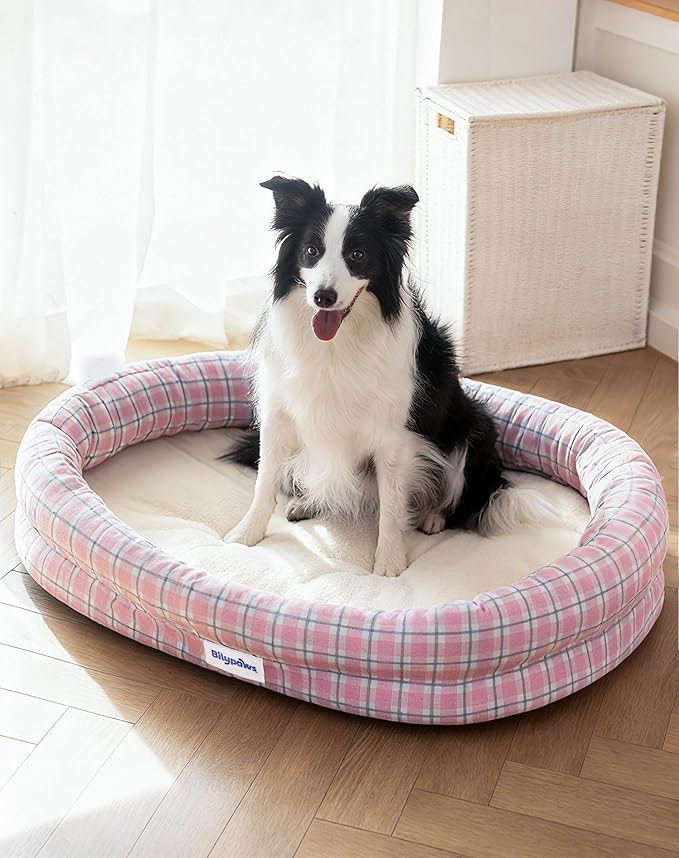 Orthopedic Dog Bed for Large Dogs, Pet Sofa Bed with Egg Crate Foam, 4-Sided Bolster, Removable Washable Cover & Anti-Slip Bottom, Large Pink Plaid