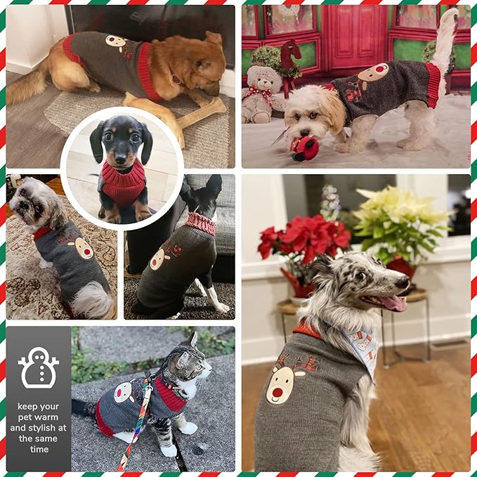 PETCARE Reindeer Christmas Dog Sweater Gray Cat Sweater Vest Cartoon Elk Pet Holiday Dog Clothes Puppy Sweaters for Small Medium Large Dogs Cats Fall Winter Outfits Xmas Dogs Costume,XX-Large
