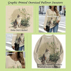 Women's Cat Printed Sweater Oversized Cable Knit Long Sleeve Christmas Clothes Casual Autumn Winter Fashion Tops
