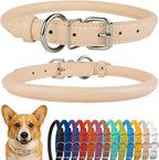 CollarDirect Rolled Leather Dog Collar, Soft Padded Round Puppy Collar, Handmade Genuine Leather Collar Dog Small Large Cat Collars 13 Colors (13-16 Inch, Beige Textured)