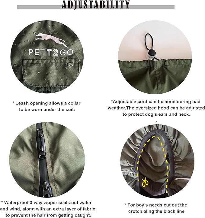 Dog Lightweight Windbreaker, Dog Outdoor 4-Legs Jacket, 0.5 lbs,Durable Water Repellent, Hooded, Easy on/Off with Collar and Harness, Reflective, Packable,Dark Olive -Large (Male)