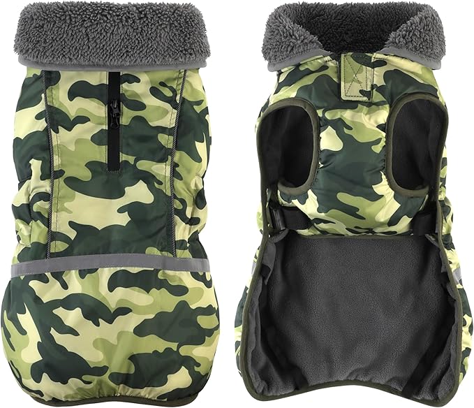 Dogcheer Warm Dog Coat, Waterproof Dog Jacket Reflective Adjustable Puppy Winter Coat with Buckle, Christmas Pet Snow Jacket Turtleneck Fleece Sweater for Small Medium Large Dogs- Camo Green, 2XL