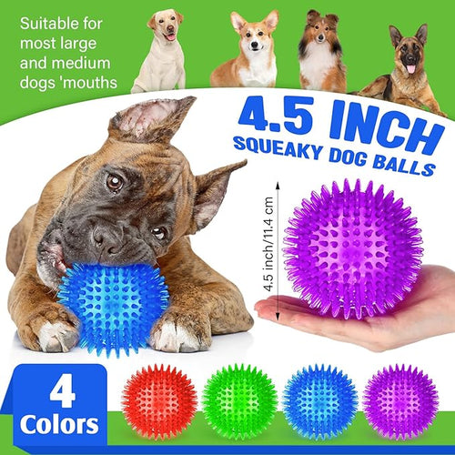 8 Pack 4.5 Heavy Duty Squeaky Dog Balls for Medium Large Dogs Large Spiky Ball Toys for Aggressive Chewers Pet Training Clean Teeth Outdoor, 4 Colors