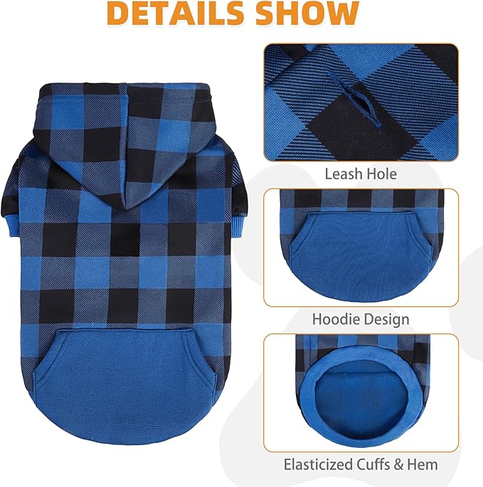 KOOLTAIL Plaid Dog Hoodie Pet Clothes Sweater with Hat and Pocket for Small Medium Large Size Dogs, Soft Winter Warm Dog Cold Weather Coat, Fleece Fall Dog Hooded Sweatshirt for Puppy Cats,Blue XL/XXL