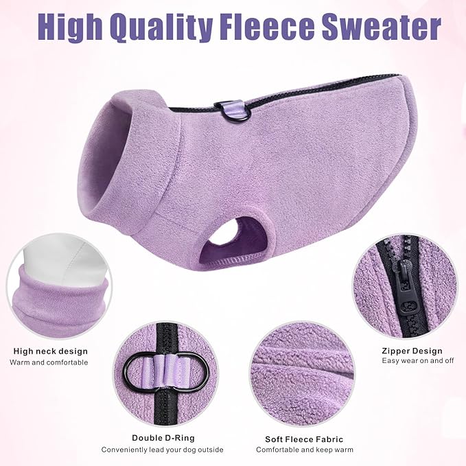 Idepet Dog Fleece Vest Sweater Zip Up Warm Pullover Dogs Jacket with D-Ring Leash Winter Cold Weater Coat Pet Sweatershirt Clothes Hoodie for Small Medium Dogs Boy Girl (Purple, XL)