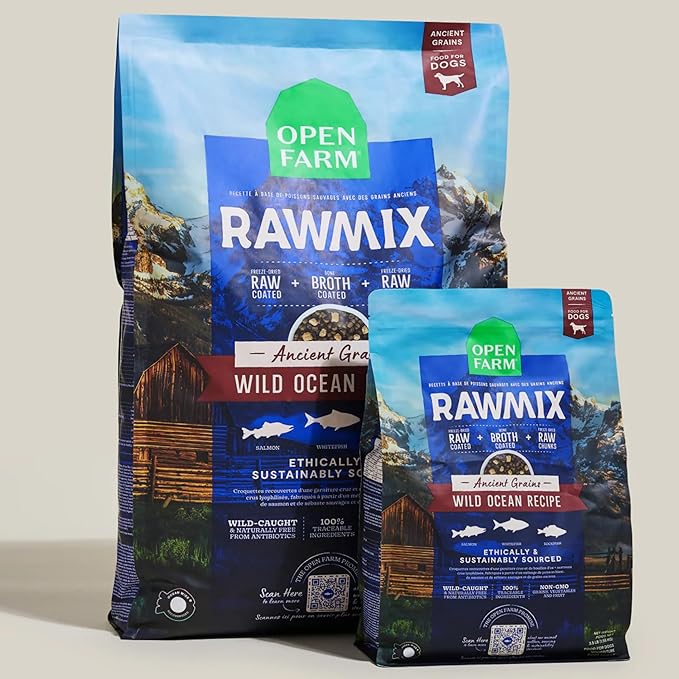 Open Farm, RawMix Dry Dog Food with Ancient Grains, Protein-Packed Kibble Coated in Bone Broth with Freeze Dried Raw Chunks, Salmon Whitefish & Rockfish,Wild Ocean Recipe, 3.5lb Bag