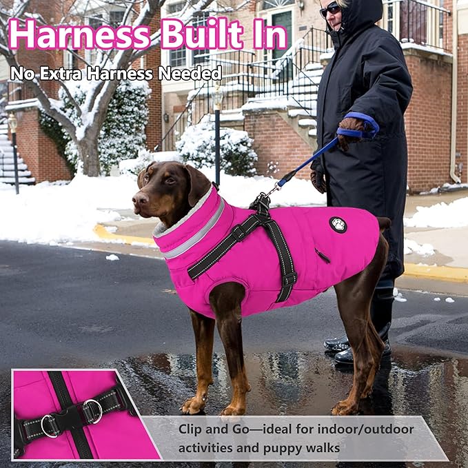 Dogcheer Dog Coat with Harness, Waterproof Dog Jacket Christmas Pet Winter Coat with Pockets, Reflective Doggy Turtleneck Fleece Jacket for Small Medium Large Dogs - Pink, 2XL