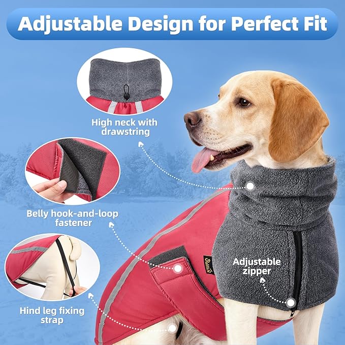SlowTon Winter Dog Coat, Warm Polar Fleece Lining Doggie Outdoor Jacket with Turtleneck Scarf Reflective Stripe Adjustable Waterproof Windproof Puppy Vest Soft Pet Outfits (L,Red)