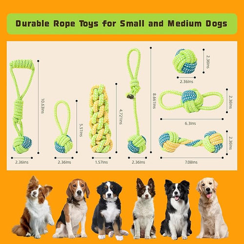 7 Pack Dog Rope Toys, Interactive Tough Chew Toys for Small and Medium Dogs, Clean Teeth and Relieve Boredom, Tug of War, Aggressive Chewers, Cotton Rope Knot Puppy Dental Toy