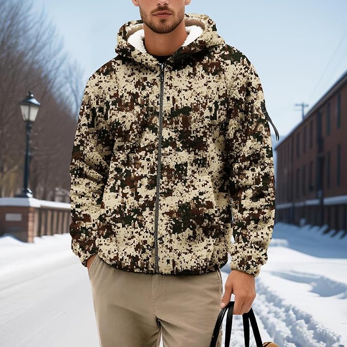 Men's Camouflage Hunting Fleece Lined Hoodie Camo Jackets Zip Up Long Sleeve Casual Winter Coats Hood Outerwear