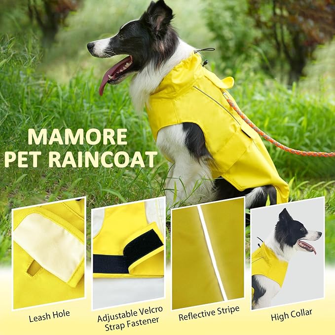 Waterproof Dog Raincoat, Adjustable Lightweight Dog Rain Jacket with Reflective Strip Leash Hole for Small Medium Large Dogs (Yellow, Large(22-37lb))
