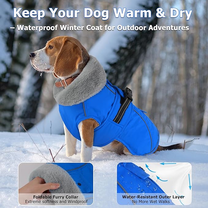 Dogcheer Dog Coat with Pocket, Waterproof Dog Jacket with Adjustable Buckle, Reflective Puppy Winter Coat Warm Turtleneck Fleece SnowJacket for Small Medium Large Dogs - Blue 2XL