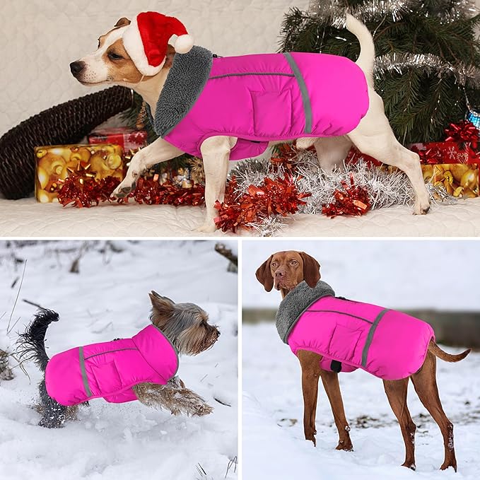 Dogcheer Warm Dog Coat, Christmas Dog Jacket Waterproof Puppy Winter Coat with Buckles, Reflective Adjustable Pet Snow Jacket Turtleneck Fleece Sweater for Small Medium Large Dogs - Pink, L