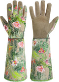 HANDLANDY Leather Gardening Gloves for Women, Scratch Resistant Breathable Ladies Rose Pruning Garden Gauntlet Yard Gloves, Gift for Gardeners (Khaki, S)