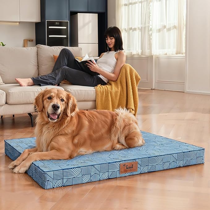 Outdoor Orthopedic Dog Bed, Waterproof Dog Bed for Large Dogs 36x27 Inch, Egg Crate Foam Pet Mat with Washable Removable Oxford Cooling Cover, White Blue