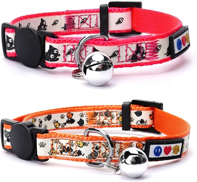 Pawtitas Glow in The Dark Cat Collar Set of 2 with Safety Buckle and Removable Bell Cat Collar Kitten Collar Pink Cat Collar + Orange Cat Collar