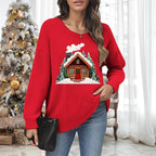 Women's Red Christmas Sweater - Festive Cartoon Patterns, Cozy Knit for Holiday Parties & Gatherings