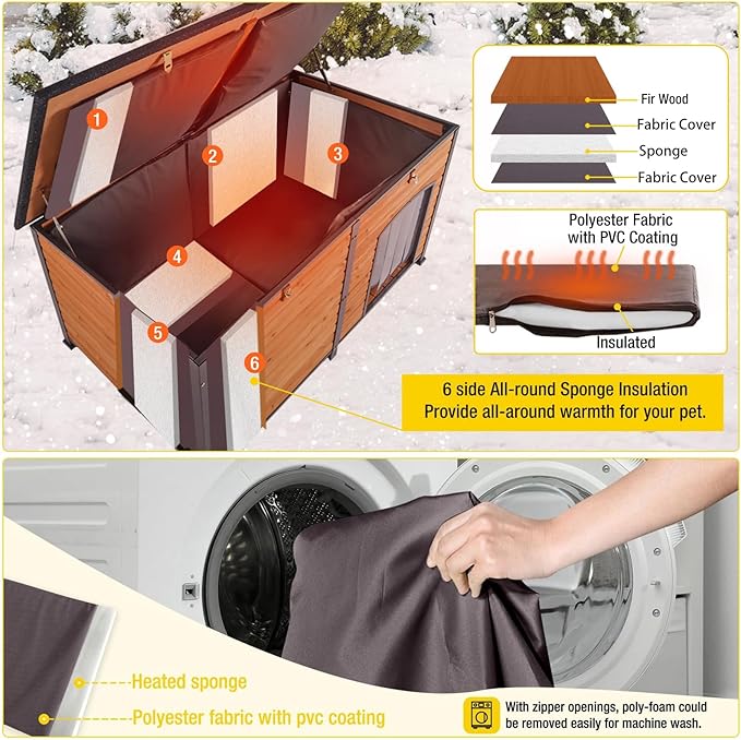 Aivituvin Heated Dog House Outdoor 59" Extra Large Insulated Dog Kennel with Heating System & Insulation Liner,All-Around Iron Frame