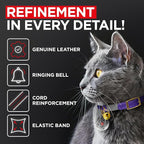 WAUDOG Ultra Soft Rolled Leather Cat Collar with Removable Bell, Safety Elastic Strap and QR ID Tag - Soft Padded for Small, Medium, and Large Cats - Round Kitten Collar for Male and Female Cats
