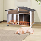 Chew-Resistant Dog House with Metal Frame, Wooden Kennel for Indoor & Outdoor Use, Waterproof Roof & Feeding Bowls Included (Brown, L-in)