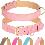 Leather Dog Collar for Large Dogs, Soft Padded Dog Leather Collar with Heavy Duty Gold Buckle, Durable & Comfortable, Pink, L