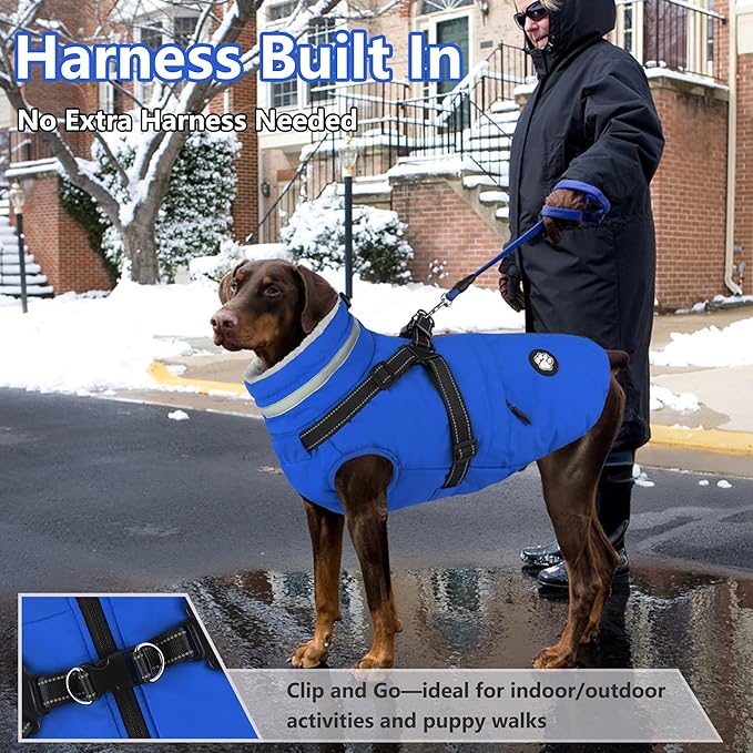 Dogcheer Dog Coat, Waterproof Dog Winter Jacket with Harness, Reflective Adjustable Doggy Cold Weather Coats, Christmas Pet Fleece Snowsuit for Small Medium Large Dogs - Blue, S