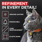 WAUDOG Ultra Soft Rolled Leather Cat Collar with Removable Bell, Safety Elastic Strap and QR ID Tag - Soft Padded for Small, Medium, and Large Cats - Round Kitten Collar for Male and Female Cats