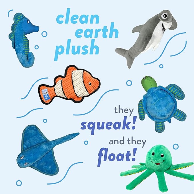 Spunky pup Clean Earth Plush Dog Toy with Squeaker - Recycled, Eco-Friendly, Floats for Beach, Lake, Pool - Shark, Small