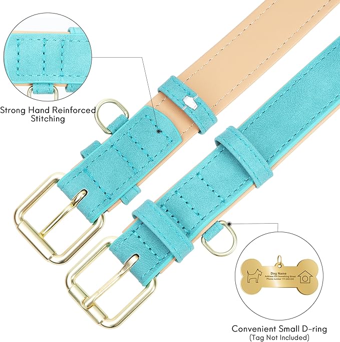 Leather Dog Collar for Small Medium Large Dogs, Soft Padded Dog Leather Collar with Heavy Duty Gold Buckle, Durable & Comfortable for Medium Dogs Daily Walking (Teal, M)