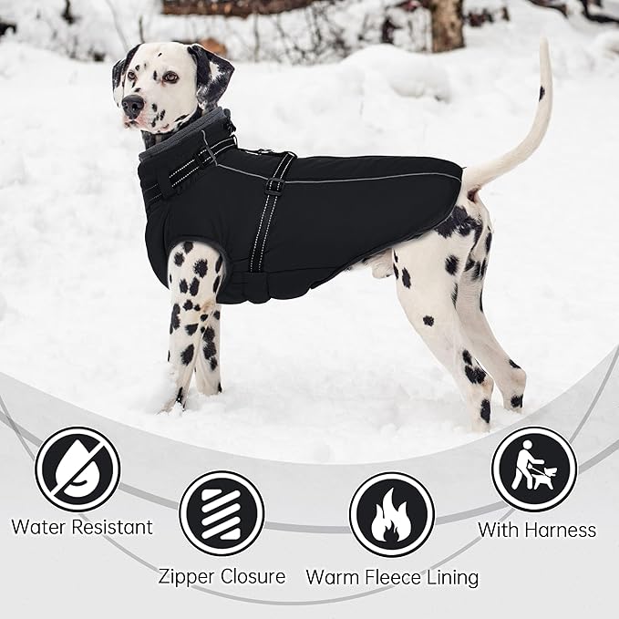 PUMYPOREITY Winter Fleece Coat for Small Dogs, Reflective Dog Jacket with Harness Built in, Waterproof Warm Coat for Dogs, Cold Weather Coats for Outdoor, Therma Windproof Pet Snowsuit, Black, S