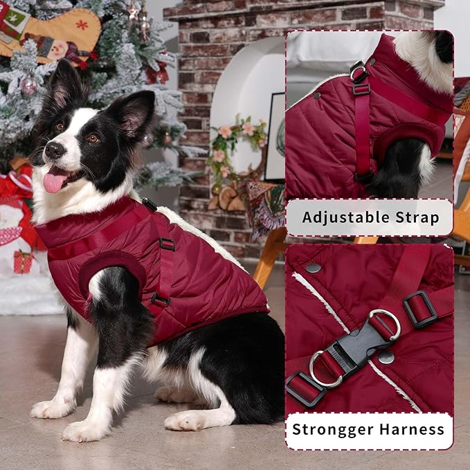Dog Jacket with Harness,Fleece Lined Warm Puppy Coat for Winter,Soft Windproof Small Dog Vest,Red XS