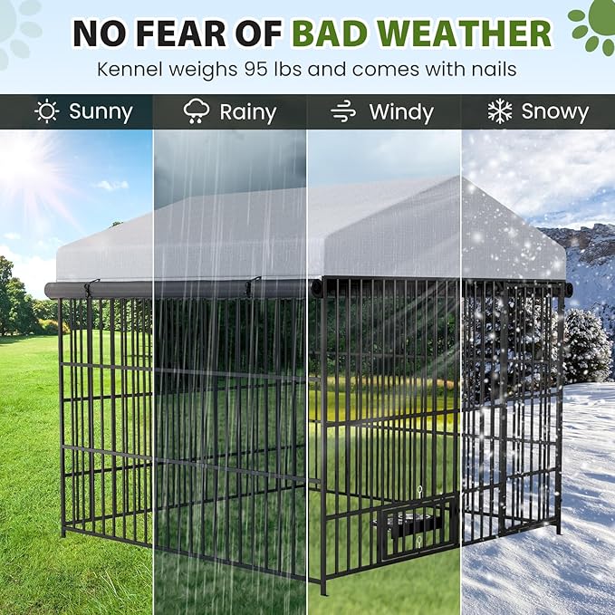 Rovibek Outside Dog Kenne with Roof 6.5x6.5x6.3 Ft, Outdoor Dog Kennel with 3 Sides Sun-Proof Cover,Large Dog Kennel Outdoor, Dog Run Enclosure with 2 Rotating Bowls for Large Dogs