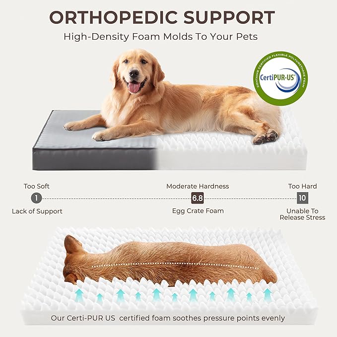 Orthopedic Dog Bed for Ctrate, Waterproof PillowTop Pet Bed for Medium Large Size Dogs, Egg-Crate Foam Dog Crate Mat with Removable Washable Cover, 2-Layers Kennel Pad 55"L x 42"W, Dark Grey