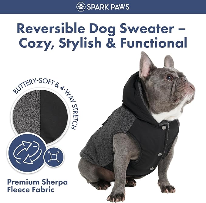 Spark Paws Reversible Dog Sweater, Sherpa Vest with Warm Fleece Lining, Warm Coat for Winter, Suitable for Small Medium, Large, XL XXL Dogs - Black and Grey - L