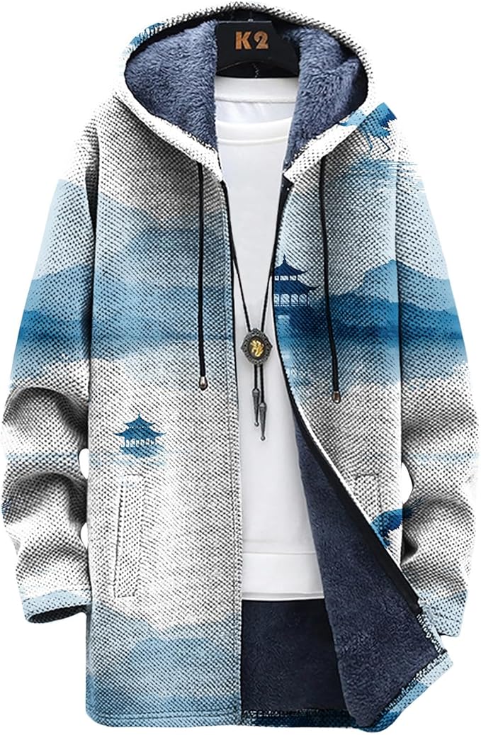 LIZALIG Long Hooded Cardigan Men Japanese Art Style Fashion Cool Graphic Coats Winter Warm Lined Fleece Jacket