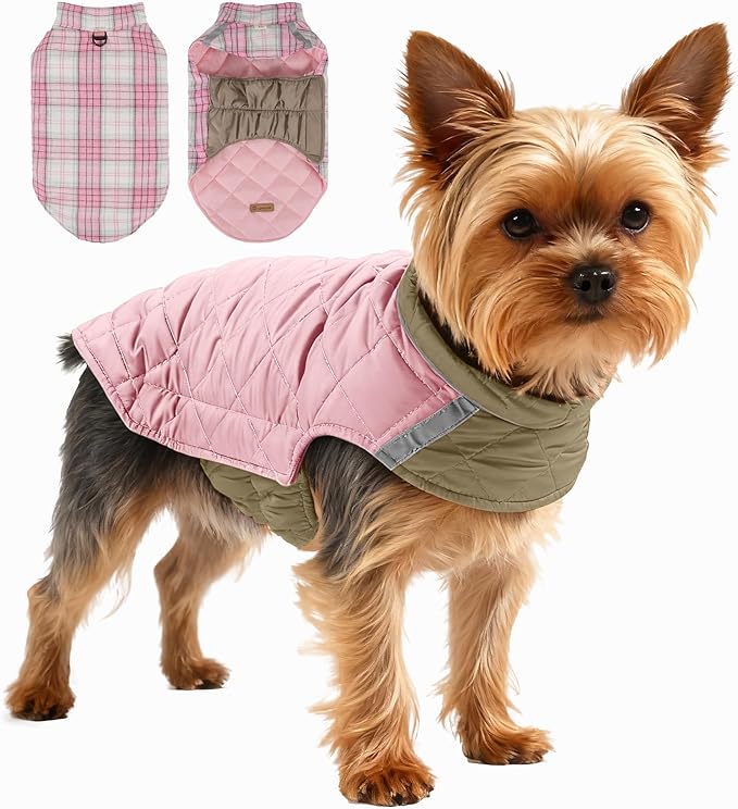 Quilted Dog Winter Coat, Plaid Lined Reversible Vest, Reflective Safety Strip, Cold Weather Pet Apparel Pink XXS