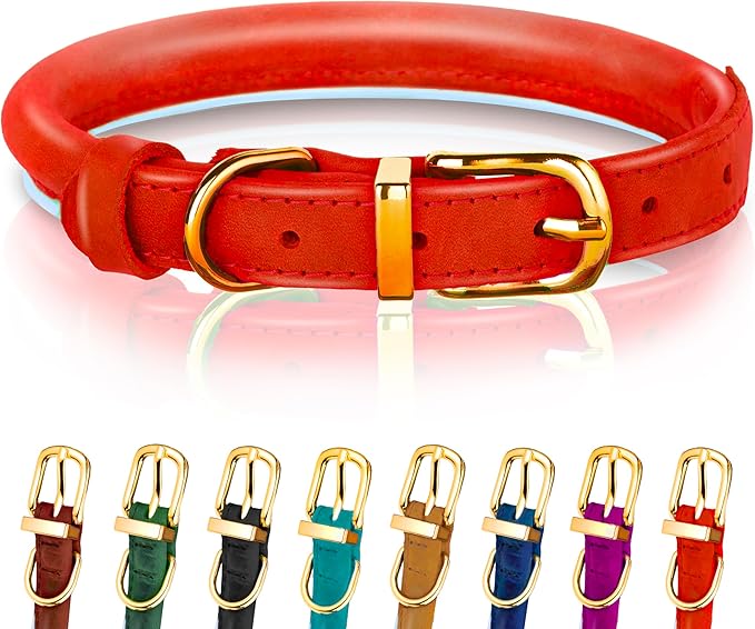 OOPSDOGGY Reflective Rolled Leather Dog Collar Adjustable Soft Padded Pet Collar for Small Medium Large Breed Dogs (Red, XXS, 7"-9")