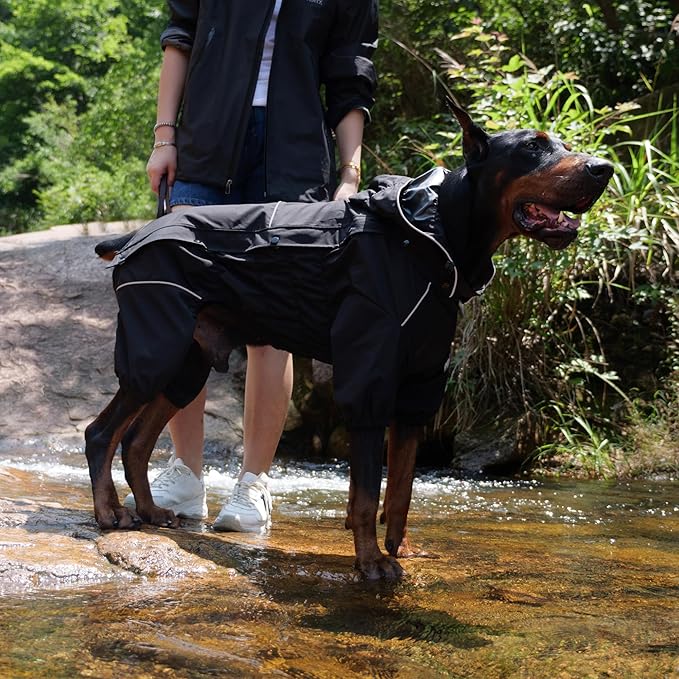 LOVELONGLONG Fleece-Lined Dog Raincoat with Removable Hood – Waterproof Winter Full Body Dog Jacket – Windproof Snowproof Cold-Weather Suit – Black-F L
