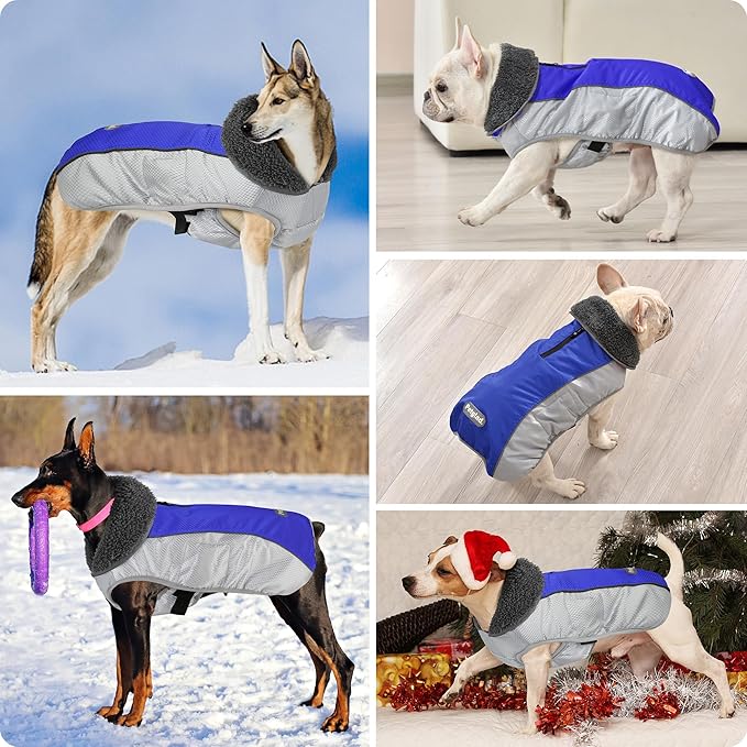 Dog Coat, Waterproof Ripstop Dog Winter Jacket with Leash Hole, Reflective Adjustable Warm Pet Fleece Snow Sweater for Small Medium Large Dogs - Blue, XL