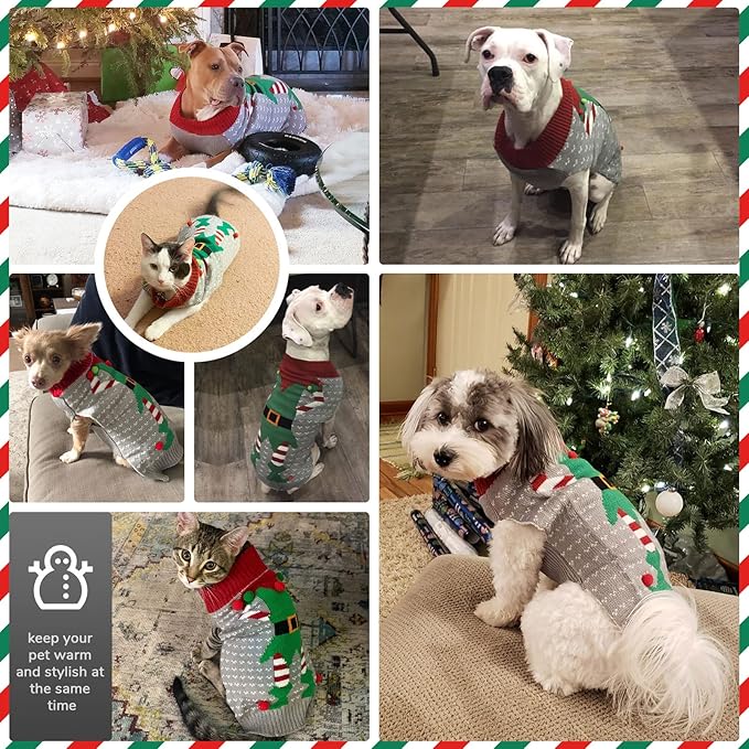 PETCARE Dog Christmas Sweater Ugly Elf Clown Cat Sweater Vest Pet Jumper Grey Green Holiday Dog Clothes Puppy Sweaters for Small Medium Large Dogs Cats Fall Winter Outfits Xmas Dogs Costume,XX-Large