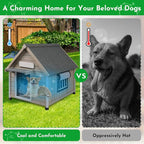 Outdoor Dog House Weatherproof Large Wooden Dog Kennel Indoor for Small Dogs with Chew-Proof Frame, Oxford Fabric Window, Removable Floor Pet Shelter (Grey, 26" D x 31.9" W x 32" H)