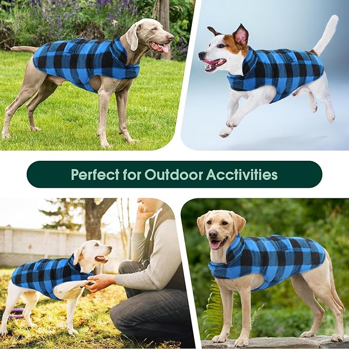 Kuoser Dog Winter Coat, Windproof Dog Fleece Jacket British Style Plaid Cold Weather Doggie Vest Coats, Reversible Cozy Warm Pet Clothes Apparel for Extra Large Size Dogs XXL